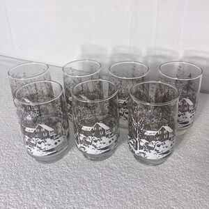 Vintage Currier And Ives Winter Scene Glass Tumbler Set x7